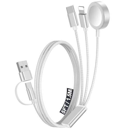 1Pack Multi Charging Cable Cord for Travel Essentials,Apple Watch Charger,iPhone Charger,[3-in-2] Type C/Lightning Cable Portable Designed for iWatch,iPhone 17-8,Galaxy S26-21,AirPods,iPad-1.5M White - color: White, size: 1Pack-5 FT