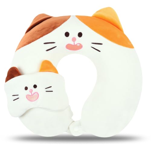 Kids Neck Pillow for Travel with Sleep Eye Mask, Cute Travel Neck Pillow, Memory Foam Flight Sleeping Headrest Pillow for Boys & Girls, Airplane, Train, Car, Home Use - Tricolor Cat - color: Tricolor Cat
