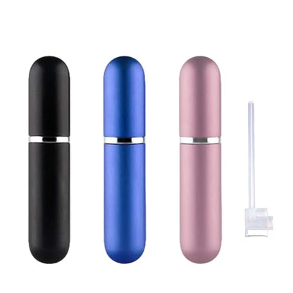 Travel Refillable Perfume Atomisers, 5ML, 3 Pcs Mini Portable Spray Bottles, Round Tube Set With 1 Flat Separated Tool, for Home Business Trip (Black+Blue+Champagne)(4pcs) - color: Black+Blue+Champagne