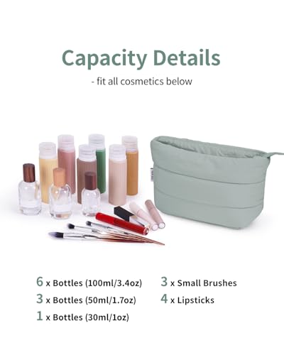 Narwey Travel Makeup Bag for Women Girl, Puffer Makeup Up Organizer Bag Cosmetic Bag, Puffy Cute Makeup Pouch Purse, Travel Toiletry Bag (Sage Green) - color: Green