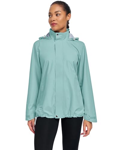 Hount Womens Waterproof Raincoat Lightweight Packable Striped Lined Rain Jacket Casual Travel Outdoor Hooded Jakctes - color: Bean Green, size: Large