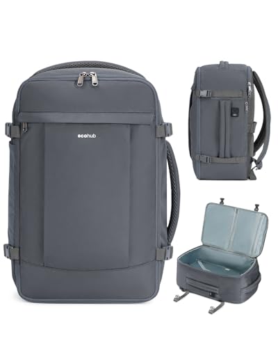 ECOHUB 17'' Small Travel Backpack, United Airlines Personal Item Bag 16.9"x10"x7.5" Carry on Backpack with USB Port Luggage Sleeve Travel Essentials for Men Women Water Resistant, Grey - color: Grey, size: 17 inch underseat