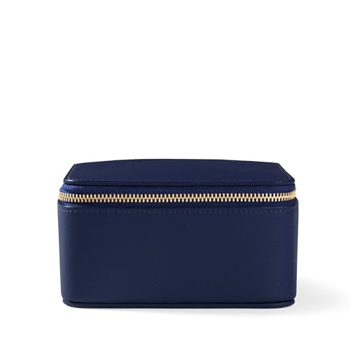 Leatherology Navy Blue Medium Jewelry Organizer – Full-Grain Leather Travel Case with Structured Design, Ring & Earring Storage, Zippered Suede Pouches - color: Navy Blue
