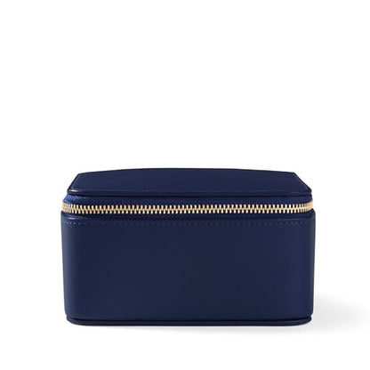 Leatherology Navy Blue Medium Jewelry Organizer – Full-Grain Leather Travel Case with Structured Design, Ring & Earring Storage, Zippered Suede Pouches - color: Navy Blue