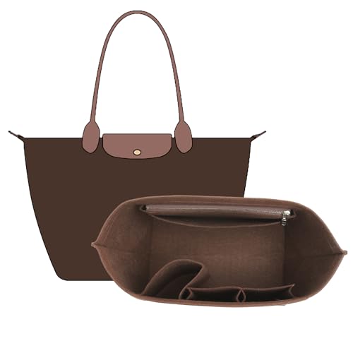Premium Felt Purse Organizer Insert Compatible with Longchamp Le Pliage Large and More, Zipper Long Champ Bag Organizer Insert with Cup Holder, 8 Compartments (Brown,L) - color: Brown, size: L Tote Bag (Long Handle)
