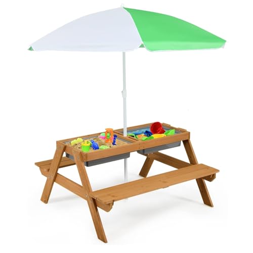 HONEY JOY Kids Picnic Table, 4 in 1 Cedar Wooden Sand & Water Table w/ 2 Removable Box & Umbrella, Kids Picnic Tables for Outdoors Backyard Garden, Toddler Patio Furniture Set for Boys Girls(Natural) - color: Natural