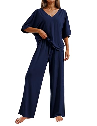 Ekouaer Pajama Sets for Women 2 Piece Lounge Set Short Sleeve Tops and Long Pants Soft Comfy Pjs Sleepwear Outfits S-XXL - color: Navy, size: Large