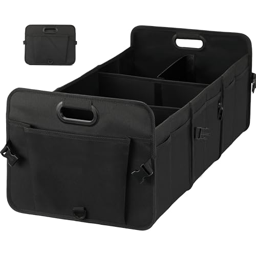 Simple Deluxe Car Trunk Organizer, Multi Compartments Collapsible Trunk Storage, Anti-slip, Waterproof 600D Oxford Polyester, with Adjustable Straps for SUV, Minivan, Truck, Large Size, Black New
