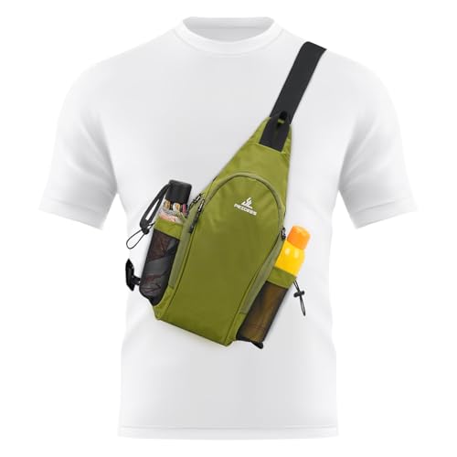 Peicees Small Sling Bag with 2 Bottle Holders (Suitable for 2.5 IN Diameter Bottle), Sling Backpack Crossbody Bag Chest Daypack for Daily Use Travel, Bottle Not Included, Green - color: Green