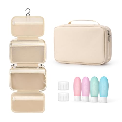 Toiletry bag for women with travel size containers set, hanging toiletry bag for full Size toiletries, Skincare, Shampoo, Makeup Cosmetic Bag Travel Organizer, Water-resistant toiletry bag - color: White