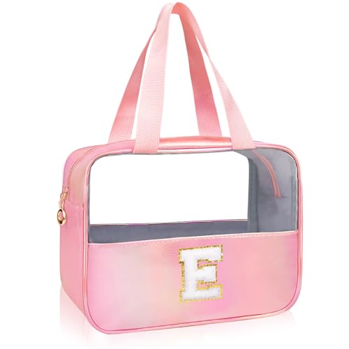 Personalized Initial Clear Makeup Bag Pink Cosmetic Bag Set Large Travel Toiletry Bag, Cute Clear Make Up Bags Organizer Bag for Girlfriend Teacher Gifts Teen Girl Gifts Trendy Stuff E (Pink) - color: Pink, style: E