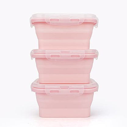 CCyanzi 3piece Collapsible Food Storage Containers with Lids, Silicone Lunch Container, Microwave & Freezer Safe, Space Saving for Kitchen Cabinet and Camping Backpack,(pink) - color: pink