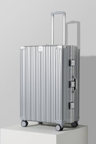 HotWay 20 Inch Aluminum Frame Carry On Luggage with Spinner Wheels, PC Hard Shell Suitcase with Cup Holder, Zipperless Luggage for Business Travel, Silver - color: Silver (PC+Aluminum), size: Carry on 20inch