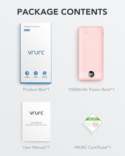 VRURC Portable Charger Built-in Cables and AC Wall Plug,USB C Power Bank 10000mAh, Travel Essentials Phone Charger Compact Lightweight External Battery Pack for Smart Phones, Tablets etc-Pink - color: Pink