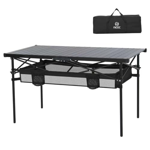 Nice C Portable Folding Camping Table, Aluminum Lightweight Roll-up Top Indoor&Outdoor Collapsible Table, with Mesh Net, Cup Holder, Carry Bag, Steel Frame, for Camping, Sports, BBQ, Picnic (Black)