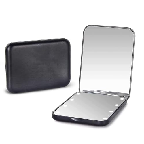 Kintion Pocket Mirror, 1X/3X Magnification LED Compact Travel Makeup Mirror with Light for Purse, 2-Sided, Portable, Folding, Handheld, Small Lighted Mirror for Gift, Black - color: Black
