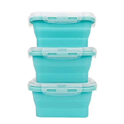 CCyanzi 3piece Collapsible Food Storage Containers with Lids, Silicone Lunch Container, Microwave & Freezer Safe, Space Saving for Kitchen Cabinet and Camping Backpack,(blue) - color: blue