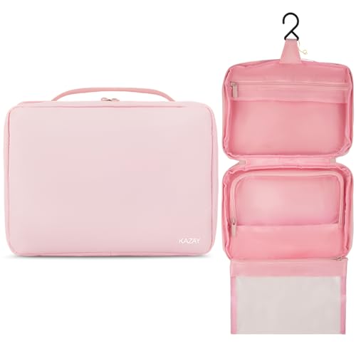 KAZAY Hanging Toiletry Bag with TSA Approved Detachable Pouch, Compact Travel Size Bag, Travel Toiletry Bag, Water Resistant, Premium Nylon, Travel Size Toiletries, Cosmetic Bag Makeup Bag (Pink) - color: Pink