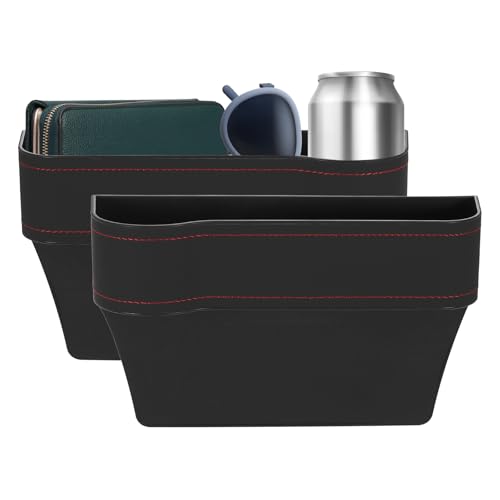 HARFINGTON 2pcs Car Seat Gap Filler Organizer 10.2 x 6.5 x 3.1 Inch ABS+Leather Universal Car Organizer Storage Box Between Seat and Console (Left+Right) with Cup Holders for Phone, Black - color: Black