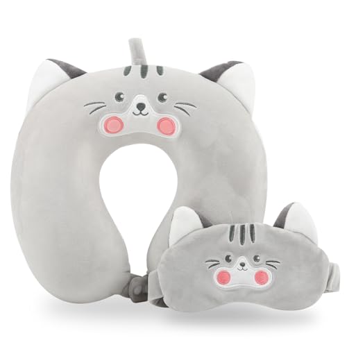 Travel Pillow, Kids Travel Pillow with Sleep Eye Mask Soft Memory Foam Kids Neck Pillow for Boys & Girls, Travel Accessories for Car Airplane Traveling - Grey Cat - color: Grey Cat