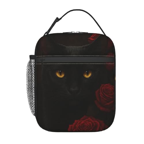 Gothic Black Cat Lunch Bag for Women Men Adults, Insulated Lunch Box for Work, Sports, Travel, Picnic, Hiking, Fishing, Red Roses Dark Aesthetic Lunchbox Gifts - color: Black Cat