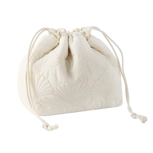 uekeboag White Shells Drawstring Quilted Cotton Makeup Pouch,Coquette Quilted Toiletry Bag for Women and Girls, Floral Coquette Organizer Bag, Aesthetic Travel Cosmetic Bags(White Shells Drawstring) - color: White Shells Drawstring