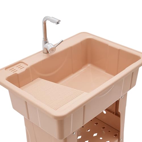 Laundry Sink Utility Sink Laundry Tub Utility Sink with Storage Shelf, Freestanding Sink with Faucet+Removable Drainboard, Garage Washing Station, Slop Sink for Laundry, Bathroom - Coffee - color: Coffee, 31.5 x 22.1 x 33.5in