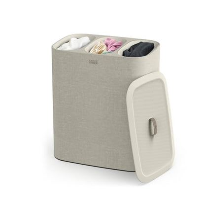 Joseph Joseph Tota Trio 90 liter/23.8 gallon Laundry Hamper Separation Basket with lid, 3 Removable Washing Bags with Handles- Ecru - color: Ecru, style: Trio Compartment 90L