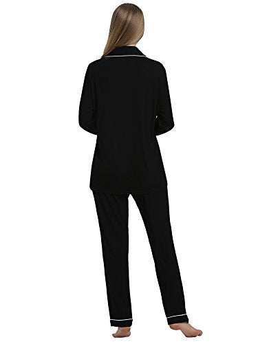 Cherrydew Women Bamboo Viscose Pajama Sets Super Soft Comfy Breathable Cooling Sleepwear Long Sleeve Button Down Loungewear - color: Black, size: XX-Large