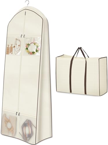 MISSLO Portable 70" Wedding Dress Garment Bag with Bride Tote Bag 8'' Gusseted Dress Bags for Gowns Long 4 Pockets Dress Cover for Women, Beige - color: Beige, size: 70 inch