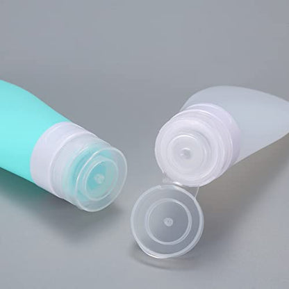 LUFEVRM 2 Pcs Silicone Travel Bottles,3oz Leak Proof Refillable Squeeze Containers with Transparent Carry Bag,Small Empty Travel Size Bottles for Shampoo,Conditioner,Lotion,Toiletries - color: 3oz Green White