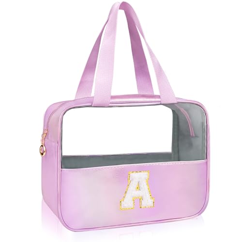 Personalized Initial A Clear Purple Makeup Bag - Large Travel Toiletry Bag, Cute Cosmetic Organizer Set for Girlfriend, Teacher, Teen Girl Gifts - color: Purple, style: A