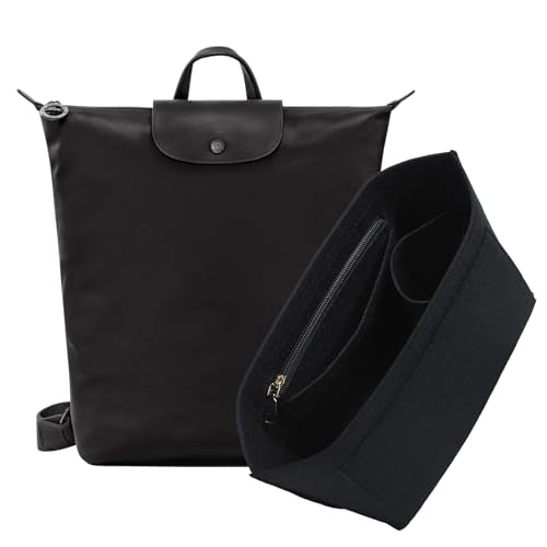 Purse Organizer Insert for Longchamp Le Pliage M Backpack, Felt Lightweight Long Champ Medium Backpack Divider Shaper with Cup Holder,Zipper Bags Inner Linner with 7 Deepened Pockets,M/Black - color: Black, size: M Backpack