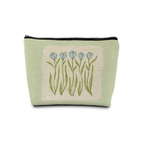 Grandmillennial Blue Tulip Floral Makeup Cosmetic Bag for Women, Modern Southern Blue and Green Botanical Flower Aesthetic Portable Travel Toiletry Bag Zipper Makeup Pouch - color: Flower seven