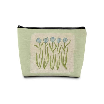 Grandmillennial Blue Tulip Floral Makeup Cosmetic Bag for Women, Modern Southern Blue and Green Botanical Flower Aesthetic Portable Travel Toiletry Bag Zipper Makeup Pouch - color: Flower seven
