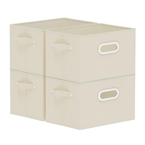 Foldable Cloth Basket with 4 Handles, Decorative Open Storage Boxes, Stackable Cube Organization, Fabric Bins for Shelves, Closet, Living Room, 10.2x7.9x6.7in, Beige, 4 Pack - color: Beige, size: 10.2x7.9x6.7 in(4 Pack)