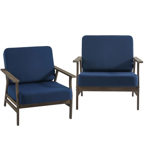 2 Piece Wood Patio Chair Outdoor Bistro Set, Outdoor Armrest Chair All Weather Patio Sofa Furniture Backyard Conversation Sets with Cushions, Navy Blue - color: Navy Blue, size: 2PCS