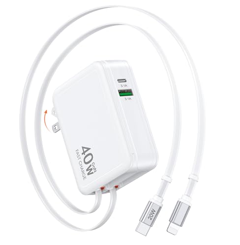Retractable USB Charger Wall Plug with USB C & Apple Cable,40W Fast Charging Foldable Block Multi Charger,4-in-1 Travel Essentials Brick Multiport for iPhone 17/16/15/14/13,iPad,Galaxy,LG,Pixel - color: White-40W