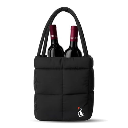 PUFT Puffer Wine Tote Bag – Insulated Wine Bottle Carrier for Bottles – Trendy Quilted Wine Bag - color: 2 Bottles Black