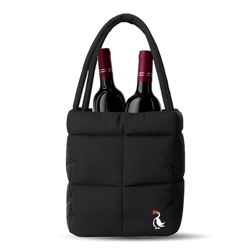 PUFT Puffer Wine Tote Bag – Insulated Wine Bottle Carrier for Bottles – Trendy Quilted Wine Bag - color: 2 Bottles Black