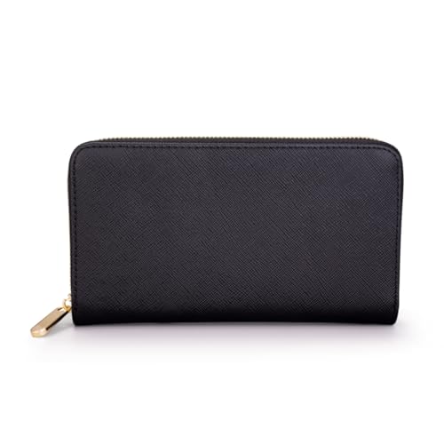Luxury Real Leather Zip Around Travel Wallet | Large Capicity Card Holder Organizer | Classic Phone Clutch for Men Women (Black - Saffiano Leather) - color: Black - Saffiano Leather