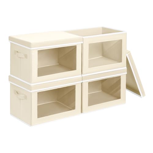 Homsorout Storage Bins with Lids - Small Fabric Organizers with Window, Collapsible Storage Bins for Clothes, Decorative Closet Organizers for Towels, Tshirt, 4 Pack, Beige - color: Beige, size: S(4-Pack)