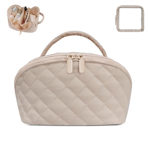 Makeup Bag,Quilted Puffer Cosmetic Bags,Travel Toiletry Bag for Women,Large Capacity Waterproof Make up Bag Set - color: Khaki, size: Large