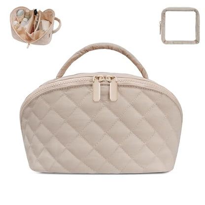 Makeup Bag,Quilted Puffer Cosmetic Bags,Travel Toiletry Bag for Women,Large Capacity Waterproof Make up Bag Set - color: Khaki, size: Large
