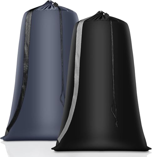 Heavy Duty Laundry Bag 2 Pack XL Nylon Laundry Bags with Straps, Washable Large Dirty Clothes Organizer with Drawstring Closure, Travel Washing Bag Fit a Laundry Hamper or Basket - color: Black+Gray, size: 48" x 28" x 1"