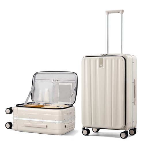 Hanke 24 Inch Checked Luggage PC Hard Case Luggage Top Opening Aluminum Frame Travel Luggage Suitcases with Wheels for Woman Men.(Ivory white) - color: Ivory White, size: 24 Inch