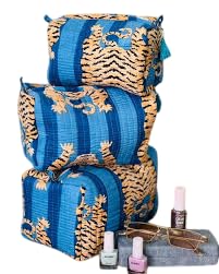 YILLE Set of 3 Pieces Block Printed Travel Organizer Kit Storage Bag for Women Makeup Bag Travel Cosmetic Bag (Blue Fat Tiger) - color: Blue Fat Tiger
