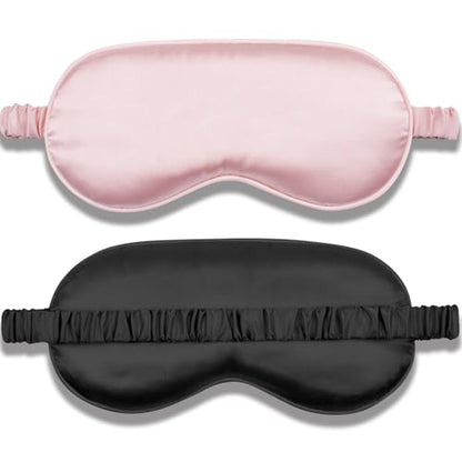 Amrules Sleep Mask Set of 2, Adjustable Silk Eye Mask for Sleeping, Soft Sleeping Eye Shade Cover for Women, Good for Blocking Light, Reducing Puffiness, Enhancing Sleep Quality (Blush Pink & Black)