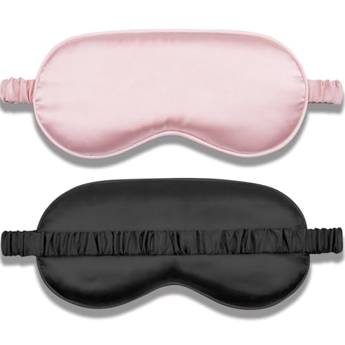 Amrules Sleep Mask Set of 2, Adjustable Silk Eye Mask for Sleeping, Soft Sleeping Eye Shade Cover for Women, Good for Blocking Light, Reducing Puffiness, Enhancing Sleep Quality (Blush Pink & Black)
