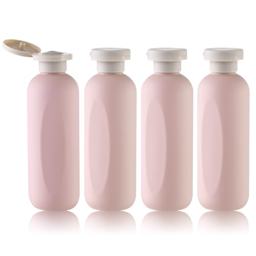 Empty Shampoo Bottles 6.7oz - Large Size Refillable Plastic Liquids Toiletry Containers - Empty Leak Proof Lotion Toiletries Dispenser - Pink Flip Cap Top Body Wash and Cosmetic Set 4 Pack - color: Pink